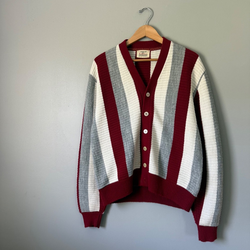 Vintage 60's Vertical Stripe Knit Arrow Seminar Cardigan Sweater Large